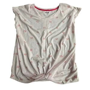 Ladies IZOD size L PINK flamingos short sleeve casual tee shirt top knot front